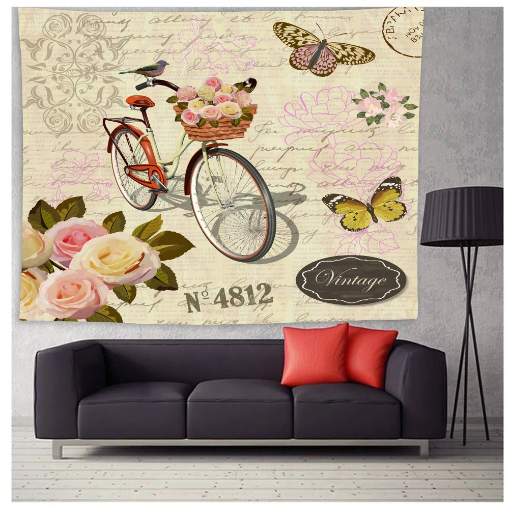 Retro Eiffel Tower Tapestry Bicycle Flowers Express Love Wall Hanging Romantic   Art Background Cloth Rug