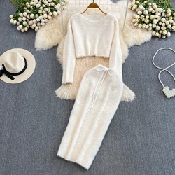 Elegant Women Faux Mink Skirt Suit Solid Fluffy Warm Soft Pullover Short Shirts+High Waist Bow Sheath Hips Skirts Two Pieces Set