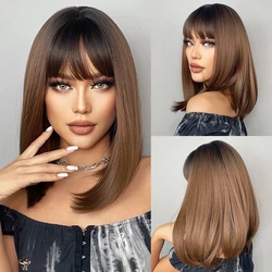 Chocolate Brown Ombre Short Hair Synthetic Women Wig with Dark Root Bangs Medium Length Straight Brown Daily Cosplay Use Wig
