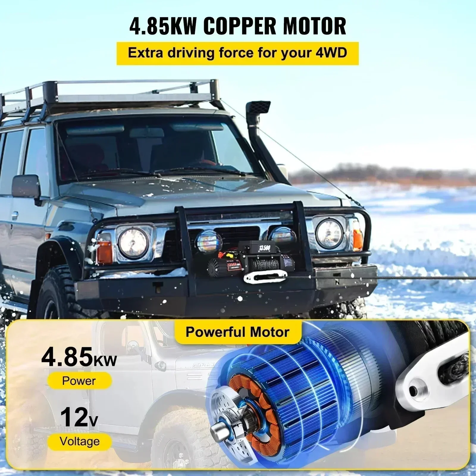 Elektryczna wciągarka 13500LB 12V z syntetycznym sznurkiem holowniczym 24M/92FT do pojazdów terenowych 4x4/ATV/łodzi/przyczep, wodoodporna