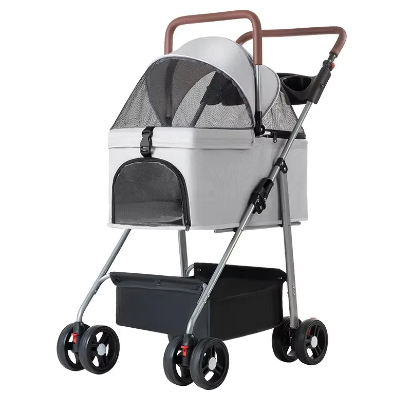 Four-Wheel Pet Stroller Metal Lightweight Foldable Detachable Dog & Cat Pet Stroller with Zipper Closure for Outings