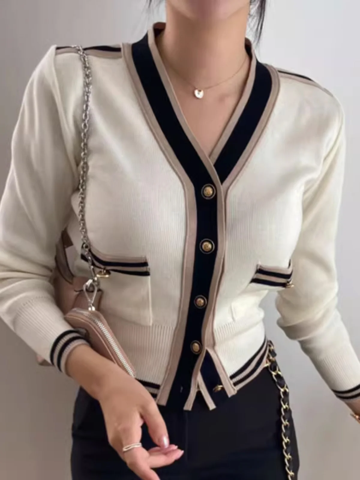 

Ele Metal Button Long Sve Вязаный свитер Jaet Женский осенне-зимний модный цвет Blo Design V Ne Открытый кардиган