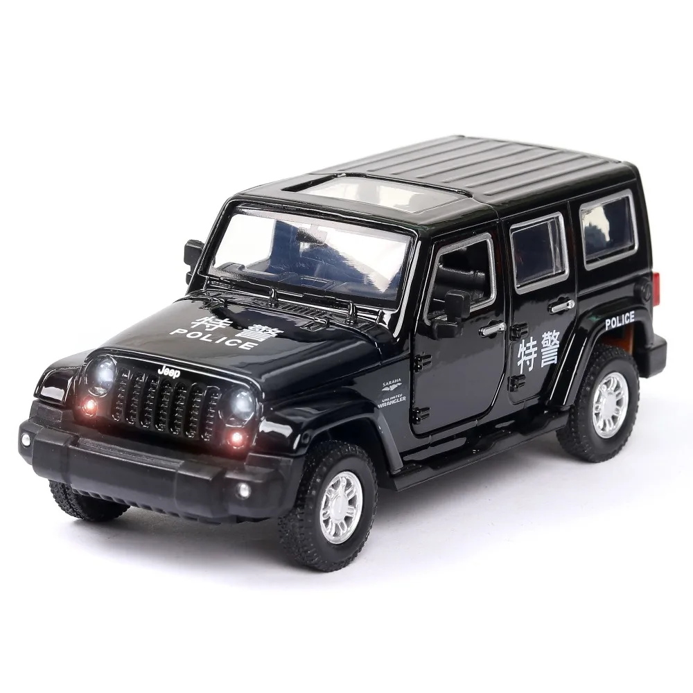 1:32 rubicon wrangler carros de polícia modelo brinquedo liga diecast portas abertas som luz puxar para trás metal corpo brinquedos modelos colecionáveis