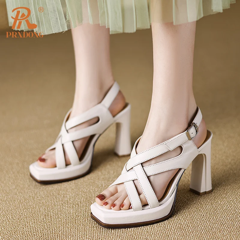 PRXDONG Women\'s Shoes New Fashion Summer Genuine Leather High Heels Platform Retro Beige Apricot Dress Party Female Sandals 39