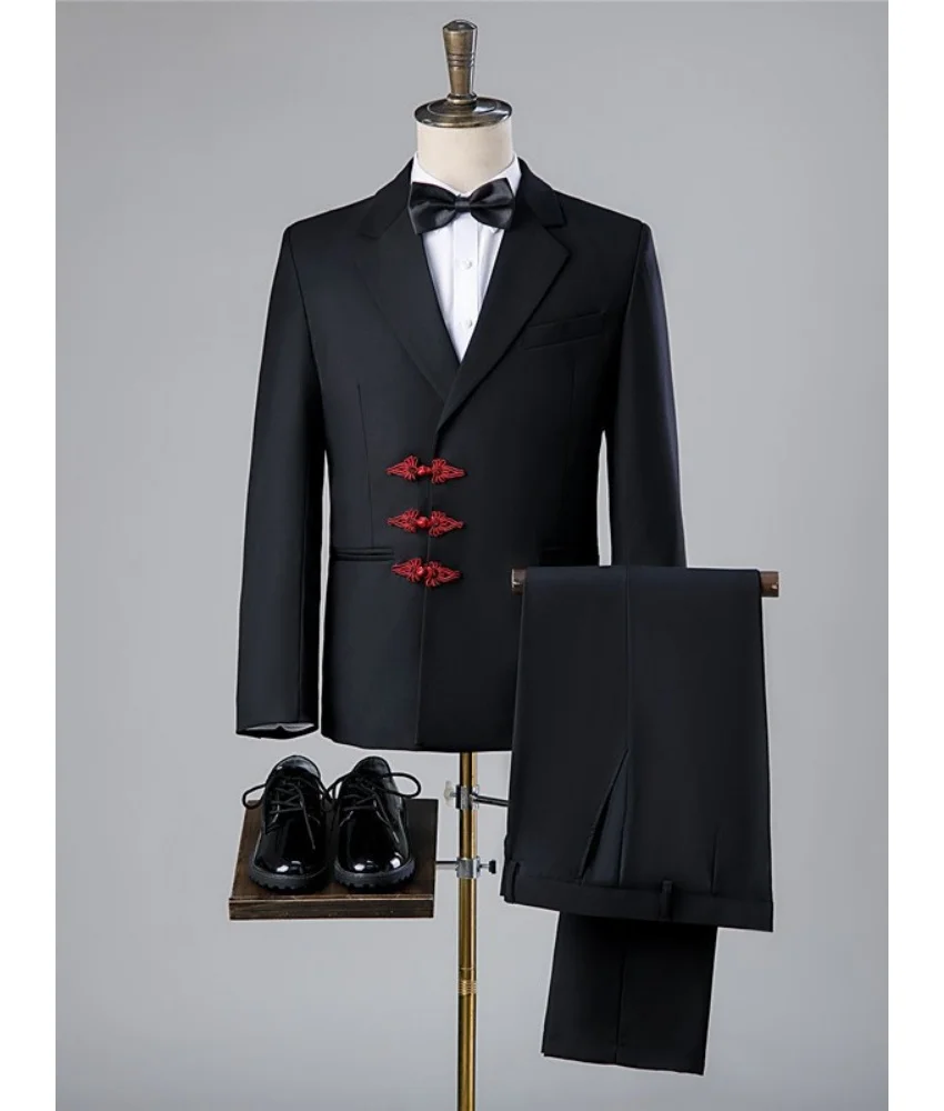 طقم بدلة سوداء للرجال عالي الجودة مع أزرار عقدة صينية حمراء رسمية بقصة ضيقة لحفلات الزفاف والمناسبات، فساتين الحفلات #1