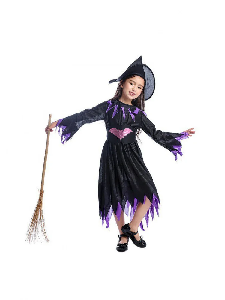

Classic Halloween Girl's Purple Bat Witch Costume Set Long Sleeve Dress with Hat Stage Performance Outfit Children's Clothing