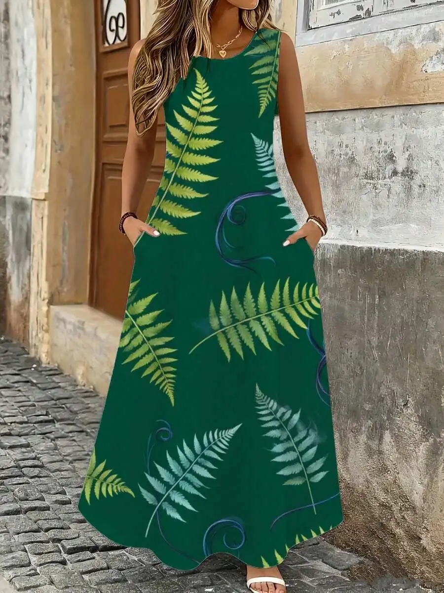 

Sleeveless Maxi Dress Green Fern Leaf Print Summer Beach Vacation Outfit