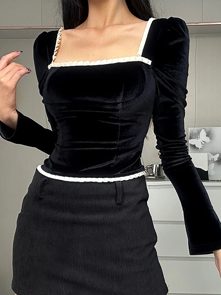 Black Crop Top Women Long Sleeve Velvet T-shirt Female Elegant Square Neck T-shirts Ladies Sexy Backless Bandage Slim Tees