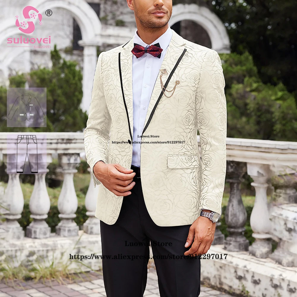 

Fashion Rose Floral Suits For Men Slim Fit Customized 2 Piece Pants Set Grooms Wedding Dinner Party Prom Tuxedo Blazer Masculino