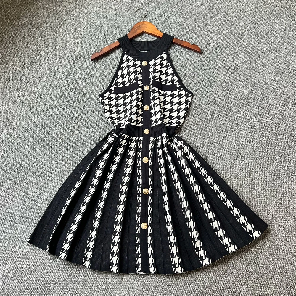 YuooMuoo ブランドファッション女性プリーツニットドレス 2025 夏 Y2K ノースリーブ鳥格子ショートドレスシックな女性パーティー Vestidos