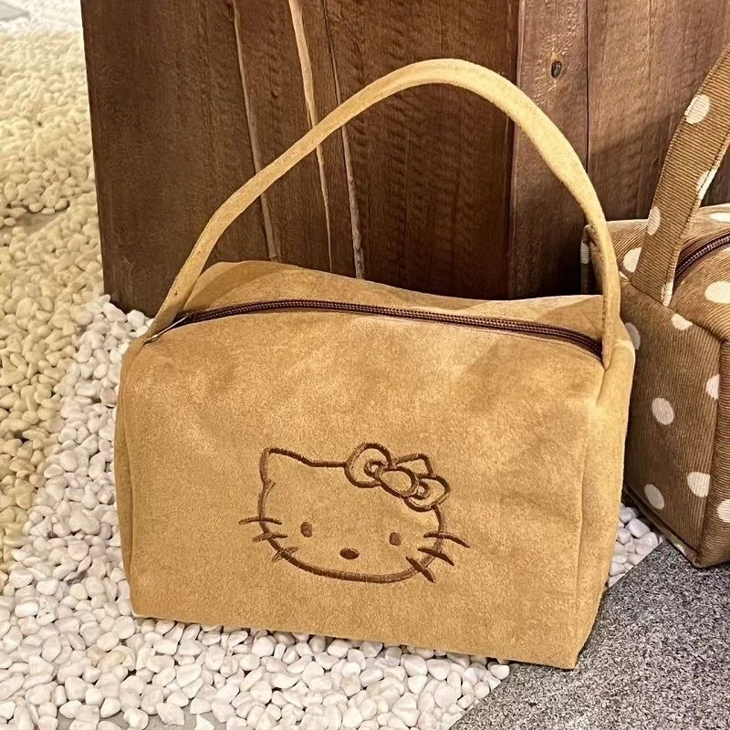 Bolsa de Maquiagem Sanrio Hello Kitty, Bolsa Cosmética de Suede KT, Grande Capacidade, Organizador de Maquiagem para Viagem Bordado