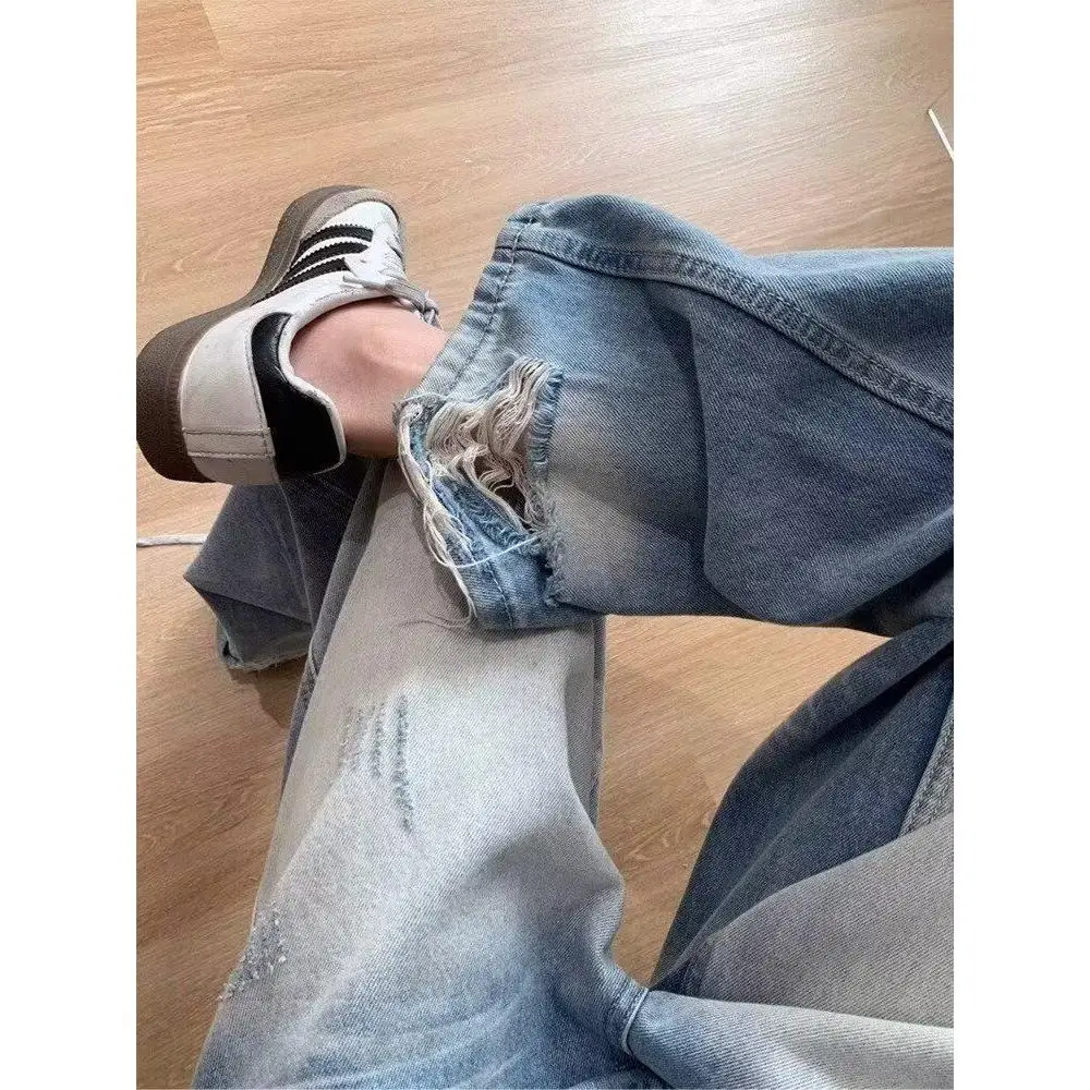 

American Retro Wide Leg Denim Jeans Women's New 2025 Washed High Waist Loose Slim Straight Cotton Blend Casual Trousers