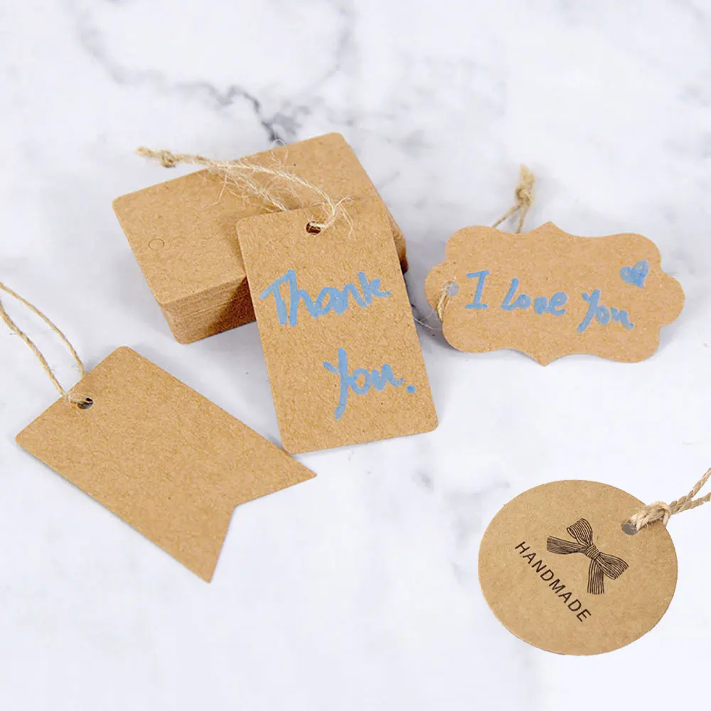 لمتعة 100 قطعة كرافت ورقة العلامات مع سلاسل الملابس اليدوية علامة تعليق حفل زفاف هدية التعبئة والتغليف الخبز DIY بها بنفسك معلقة بطاقة