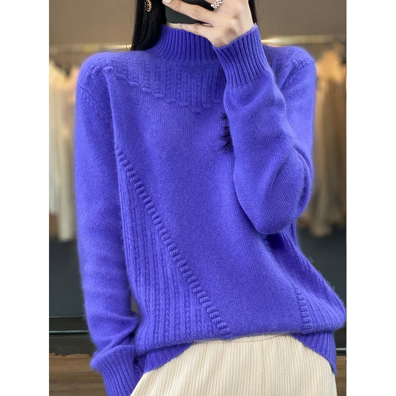 New Jacquard 100 Cashmere Sweater Women\'s Half Turtleneck Thickened Bottoming Sweater Loose Pullover Knitted Sweater Spring