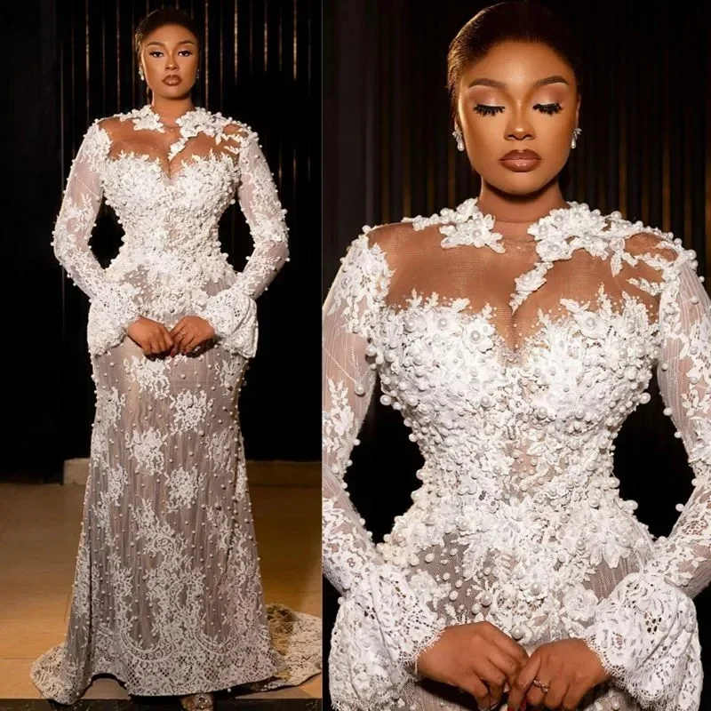 Robes de mariée Aso Ebi personnalisées, grande taille, style sirène, col haut, manches longues, robes de mariée élégantes pour femmes noires africaines, dentelle