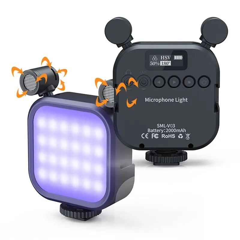 popop 2500K-9000K Microphone LED Fill Light LED Mini Video Vlog Full-Color RGB Mic Light for Smartphone SLR Camera V03-Black