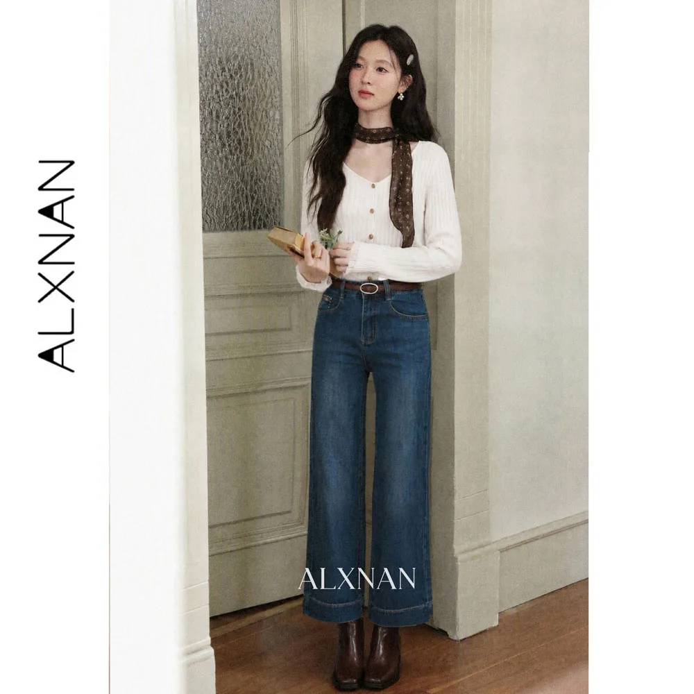 ALXNAN Blue Cropped Flare Jeans Women Autumn New High Waist Straight Baggy Pants 2026 Vintage Casual Loose-fit Trousers L67801