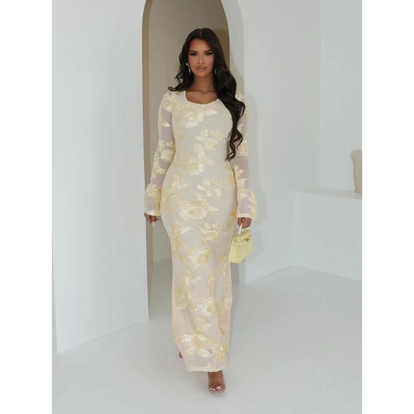 Sexy Faionable Bal Bell Sve Bodycon Dr Cintura Alta Fibra de Poliéster Longo Sve Ultra Or Vestido de Noite para Data