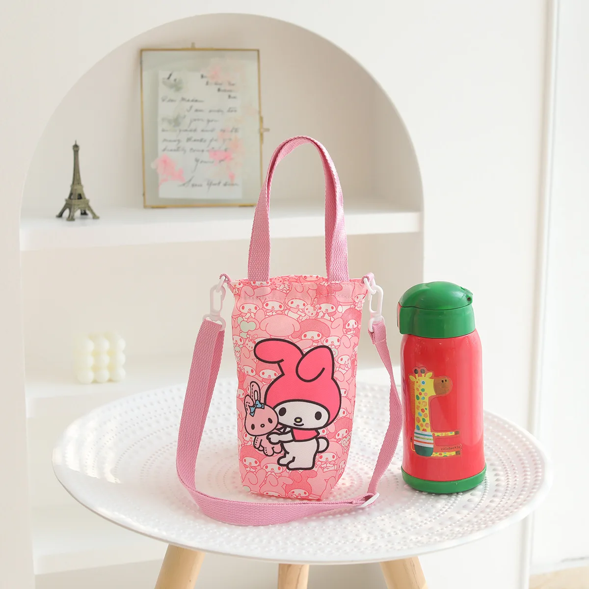 Sanrio Kuromi-Bolso de hombro de Hello Kitty, bolsa de almacenamiento portátil para botellas de agua, cubierta aislante para taza de lona, Anime