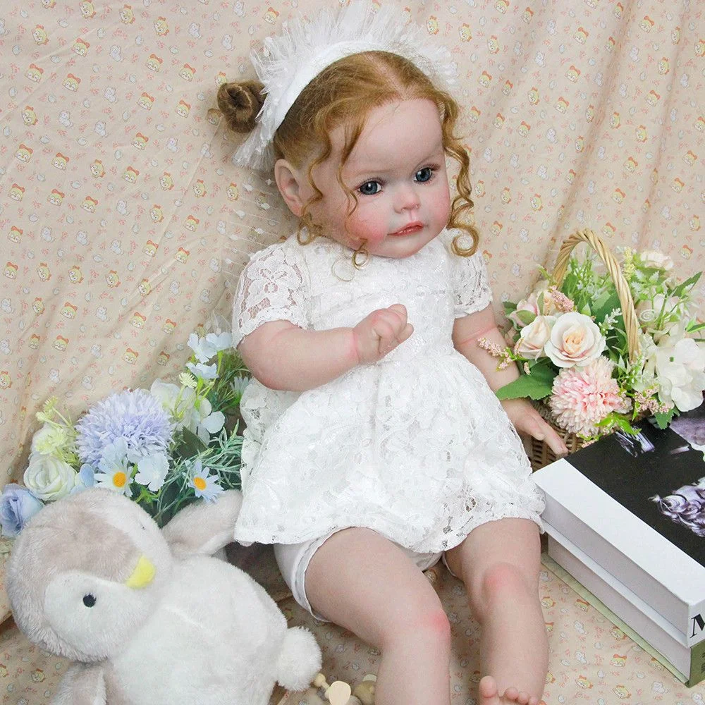 Muñeca Reborn de vinilo de 22" - Pelo largo y rizado rubio coleccionable raro, ojos azules, vestido blanco, soporte para sentarse posable, caja de regalo