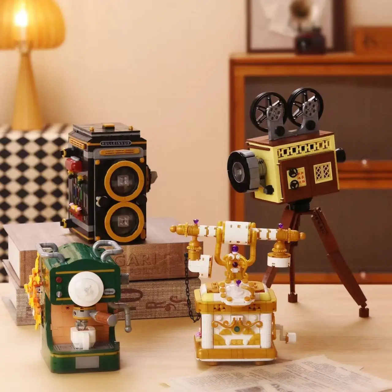 Creative Vintage products Mini Block Retro Coffee Maker Camera Telephone Projector Building Bricks Figures Toys Collection