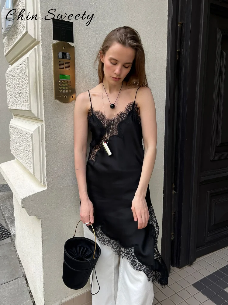 Elegant Satin Asymmetric Lace Patchwork Mini Dress Women Solid V-neck Sleeveless Sling Dresses 2025 Summer Lady Chic  Streetwear