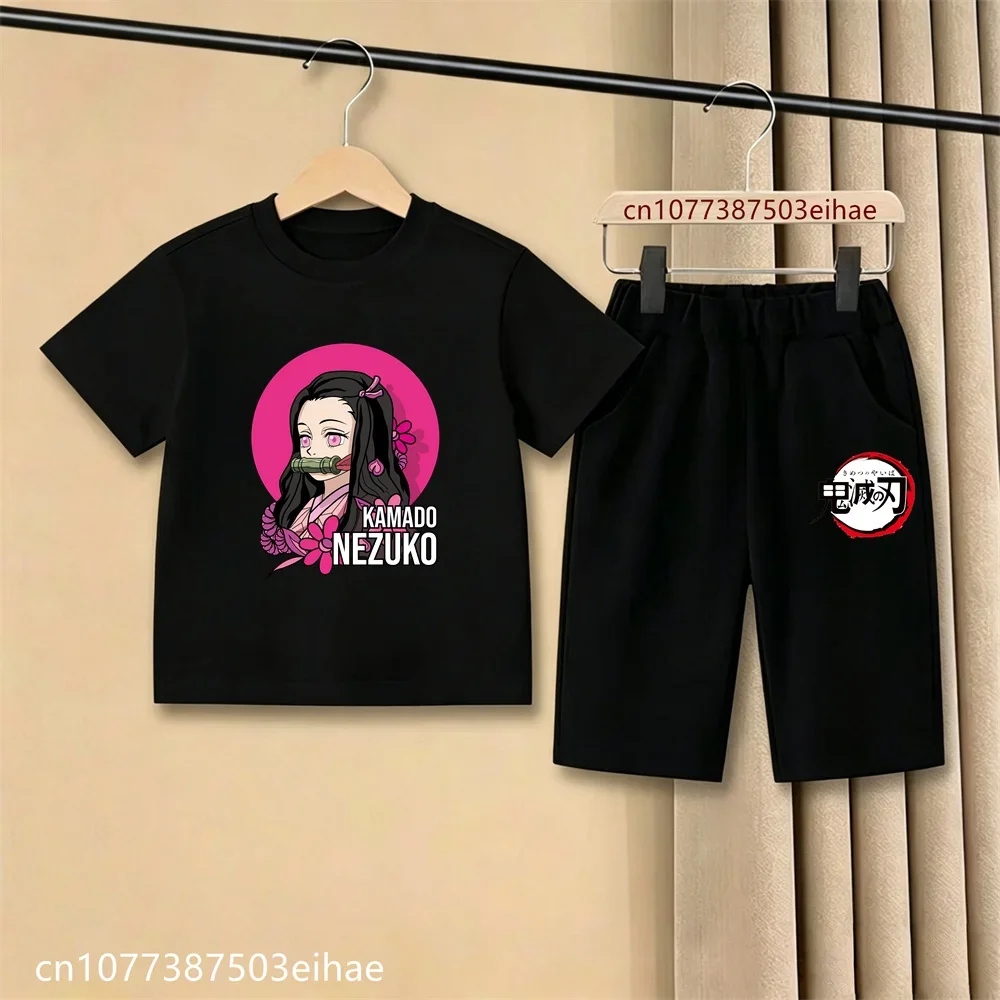 2026 Boys Girls Demon Slayer Ghost Blade Anime T-Shirt Casual Shorts Set Kids Summer Lightweight Breathable Daily Cartoon