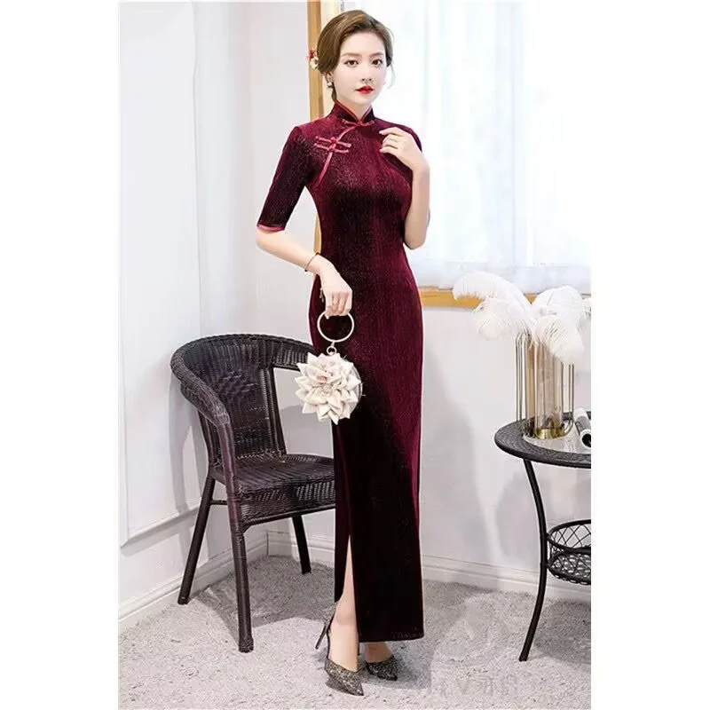 S- 6XLNew Cheongsam Gold Velvet Long Dress Women Retro Chinese Style Spring Autumn Elegant Paryt Maxi Dresses Mother Vestidos
