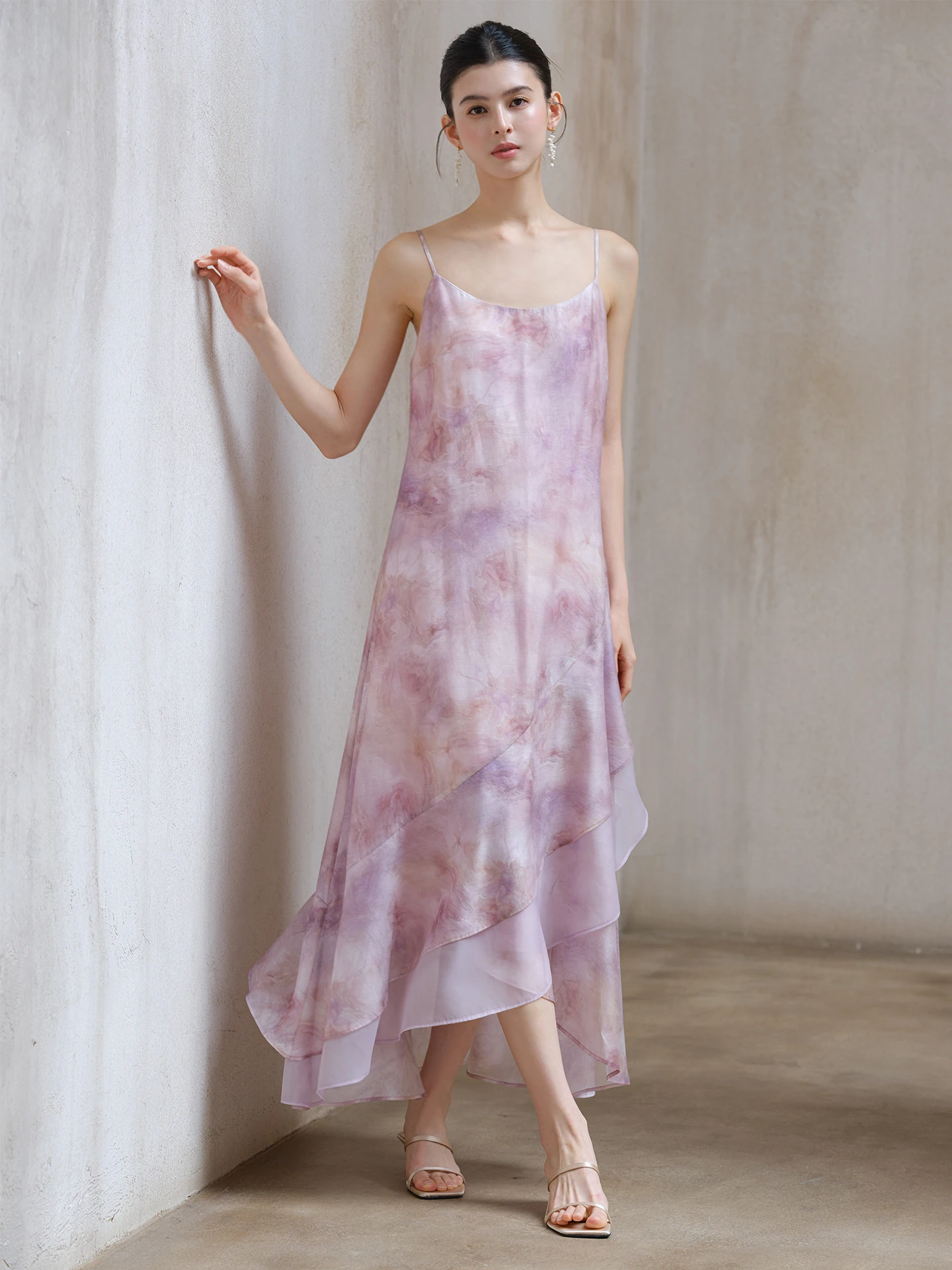 ChuChen Nuevo Vestido Maxi Chino con Teñido Degradado para Mujer, Ligero, Elegante, Morado, sin Tirantes, para Verano