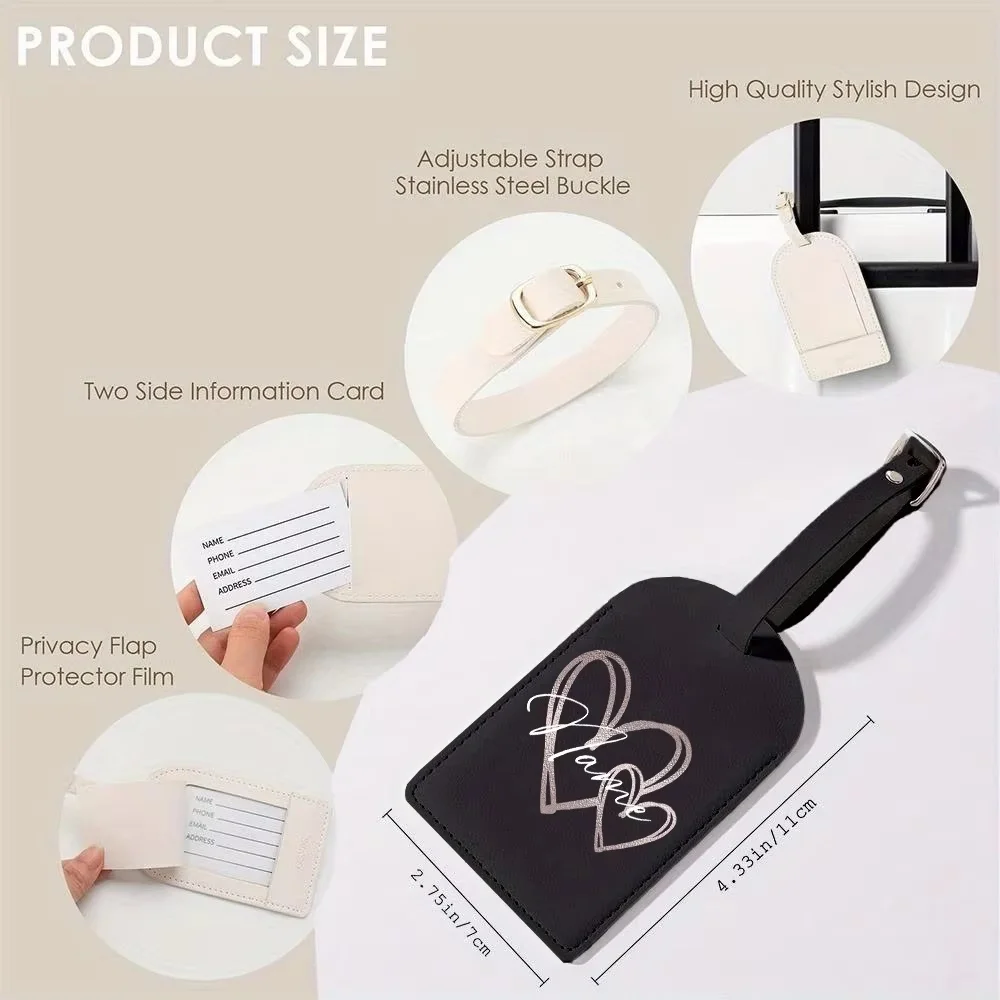 Personalized Custom Name Black Heart Print PU Luggage Tag, Wedding Bridesmaid Gift Christmas Gifts for Family Members