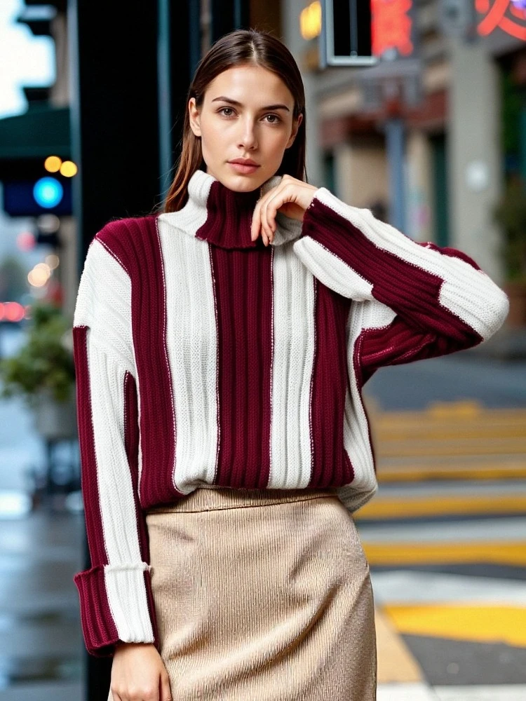 

2025 Autumn Winter Color Block Patchwork Turtleneck Sweater Women Basic Slim Pullover Sweaters Knit Jumper Ladies Oversized Tops