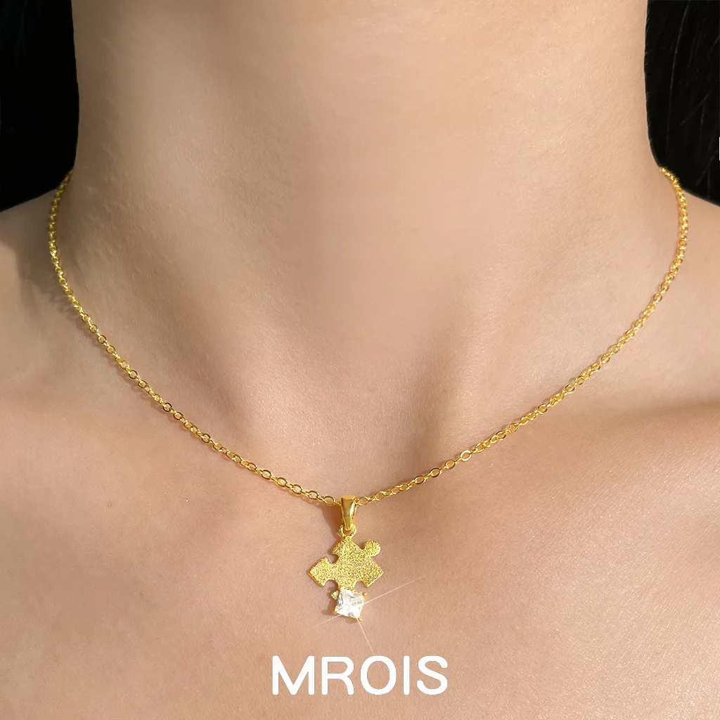 Original thick-plated 18K real gold color-preserving matte sandblasting puzzle zircon collarbone chain niche light luxury high-e