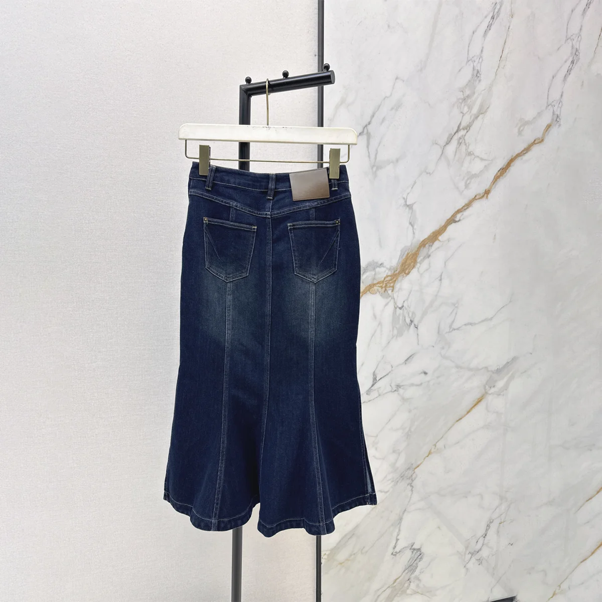 2026 High-Quality Women's Deep Blue High-Waist Split Denim Fish-Tail Midi Dress--hb730