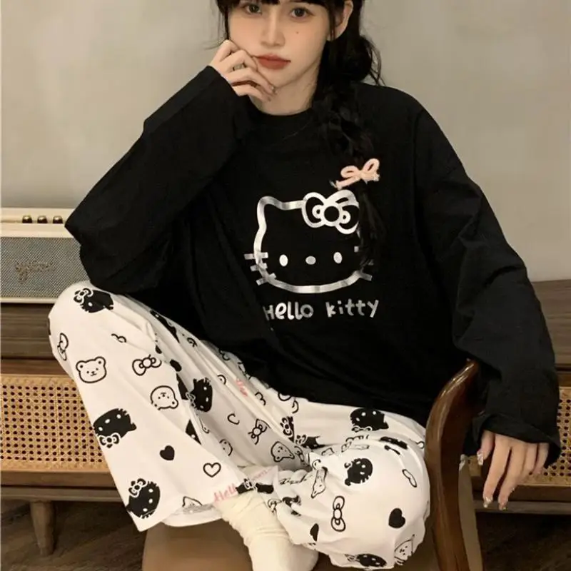 Kawaii Sanrios Hello Kittys Women's Pajamas Set Spring Autumn Anime Cartoon Student Long Sleeved Pants 2Pcs Girls Nightwear Gift