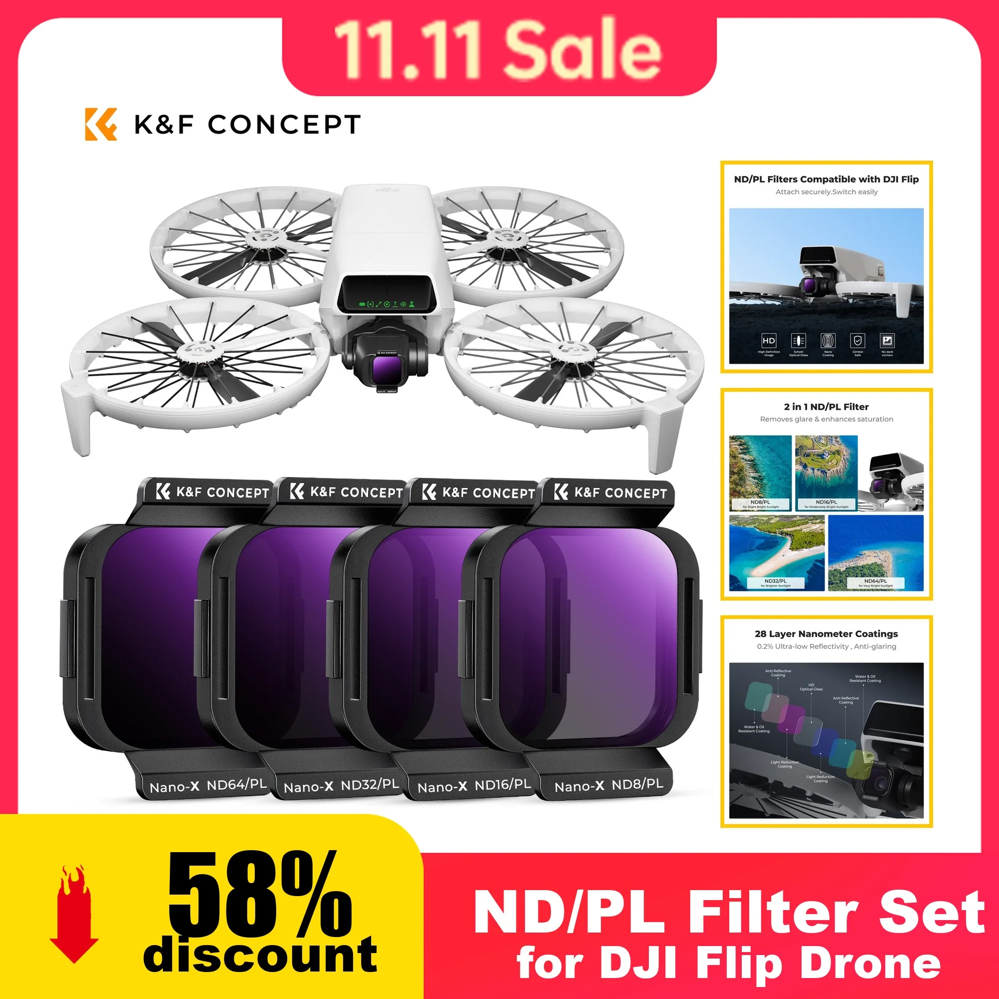 K&F CONCEPT ND/PL Filter Set for DJI Flip Drone HD Optical Glass ND8/PL ND16/PL ND32/PL ND64/PL Drone Camera Lens Filters Kit
