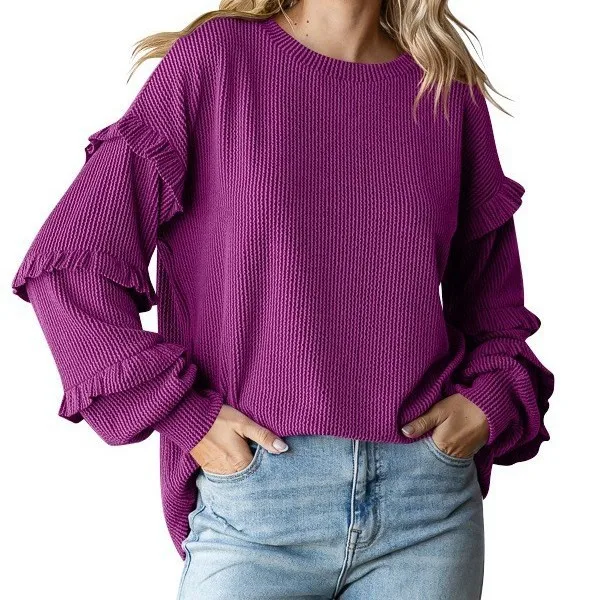 

Новое поступление осени и зимы в Европе и Америке 2025 года, женский пуловер с рукавами-фонариками, круглым вырезом и кружевными рукавами, топ