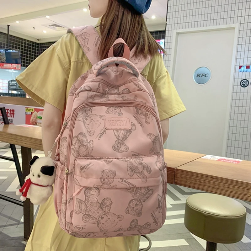 Zaino per Laptop di grande capacità moda impermeabile femminile Multi-tasca scuola adolescente viaggio studente orso stampato Bookbag