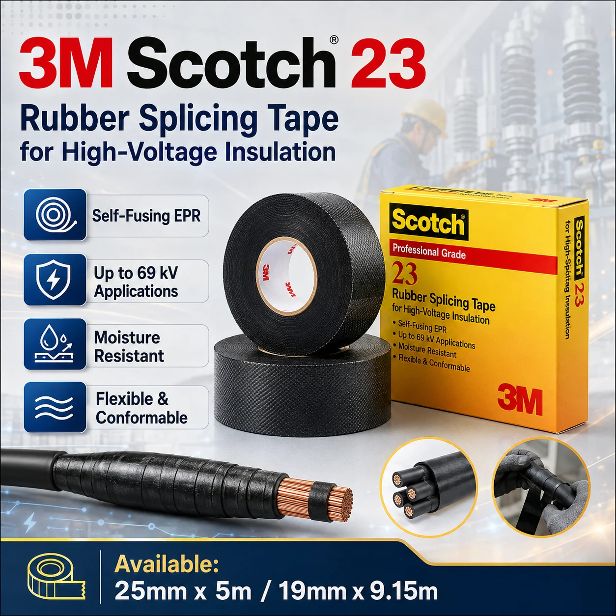 3M Scotch 23 Rubber Splicing Tape Self-Fusing EPR High Voltage Insulation Tape For Cable Joint Repair 19mm x 9.15m 25mm x 5m