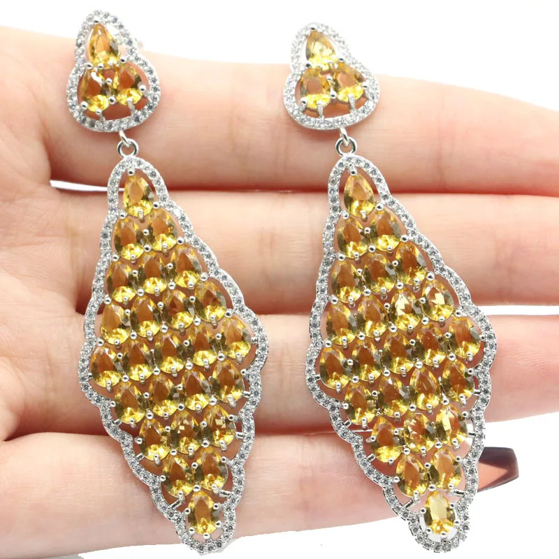 73x25mm  Long Big Heavy 15.9g Golden Citrine Pink Raspberry Rhodolite Garnet White CZ Dating Females Silver Earrings