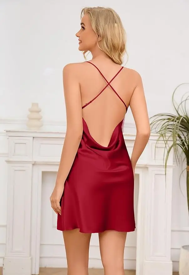 Neck Stain Cami Nightdress Comfort Backless Spaghetti Strap Pajama Dress Women's Lingerie Sleepwear - Image 2