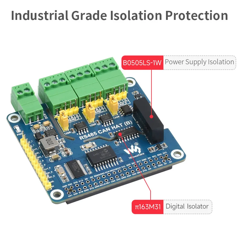 Raspberry Pi RS485 CAN HAT (B) 2-Ch RS485 1-Ch CAN Industrial Grade Isolation Protection for Raspberry Pi