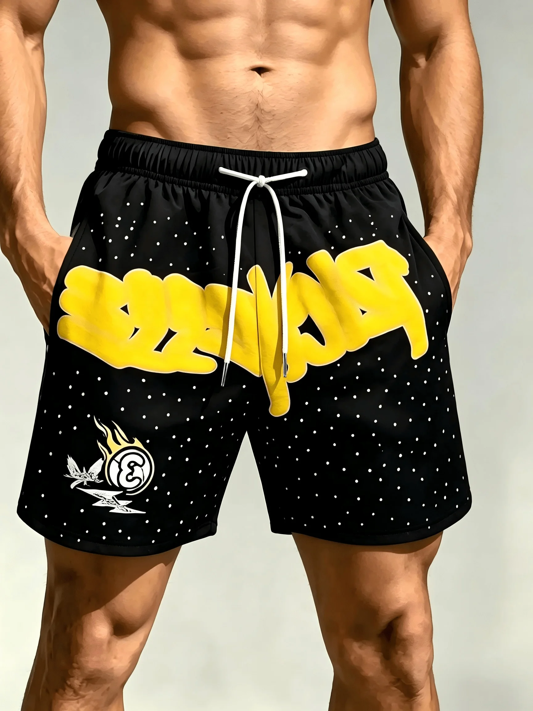 Y2K American Street Men's Sports Shorts with Polka Dot Graffiti Letter Print Shorts Suitable for Daily Wear on Vacation