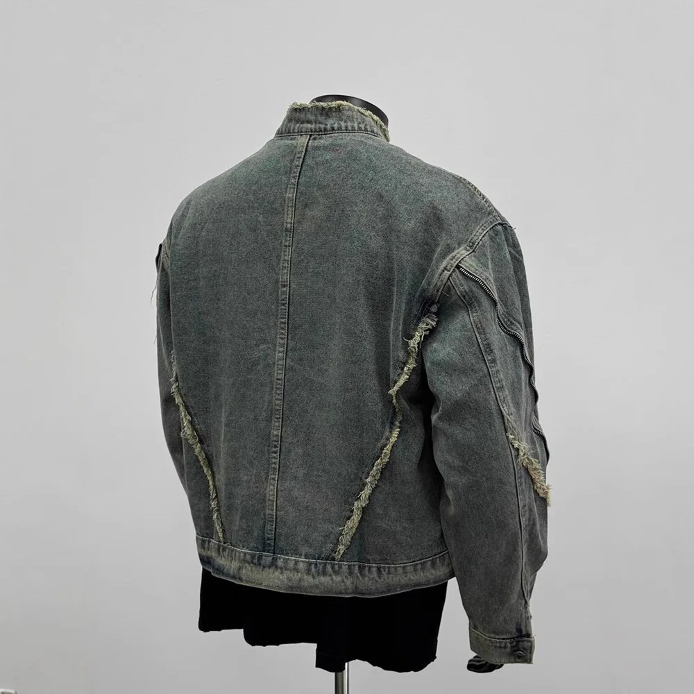 2026 Men Denim Coats Zipper Vintage Stand Collar Jackets Tassels Casual Coat Long Sleeve Pockets Streewear Jacket Male Autumn