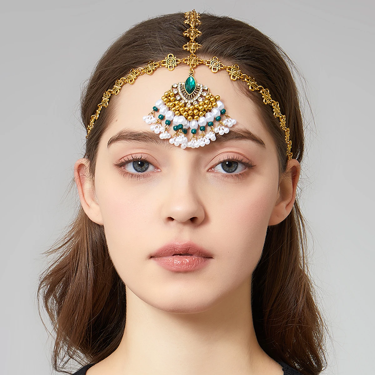 خمر الذهب الهندي اللون الجبين سلسلة هندسية حجر الراين حبة شرابة الشعر مجوهرات رباطات اكسسوارات الزفاف الزفاف