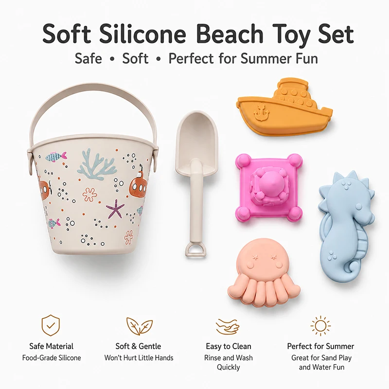 

6pcs/Set Beach Toys Eco-Friendly, BPA-Free, Food-Grade Silicone - Fun Summer Outdoor Toys for Kids with Bucket & 4 Color Sand