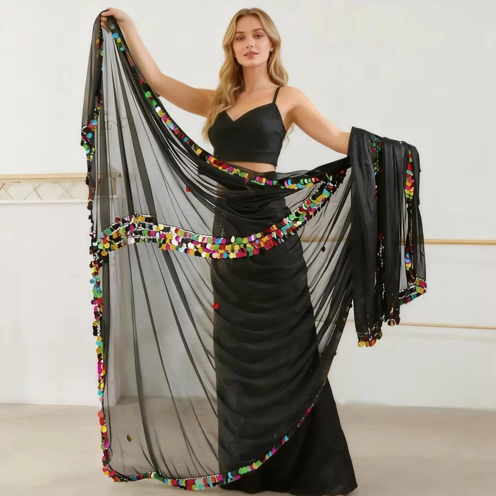 New Belly Dance Malaya Chiffon Sequined Hand-hold Veil Dance Stage Performance Throw Veils