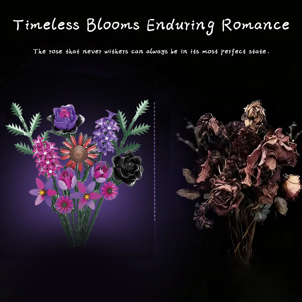 Buquê de flores góticas modelo blocos de construção multicolorido 614 peças tijolos de dia dos namorados crianças diy quebra-cabeça brinquedo aniversário presente de casamento