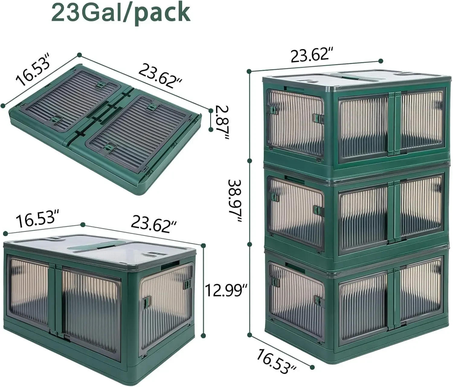 3 Pack Stackable Storage Bins with Lids - 23Gal Green Plastic Storage Bins - Folding Storage Box - Foldable Plastic Stora