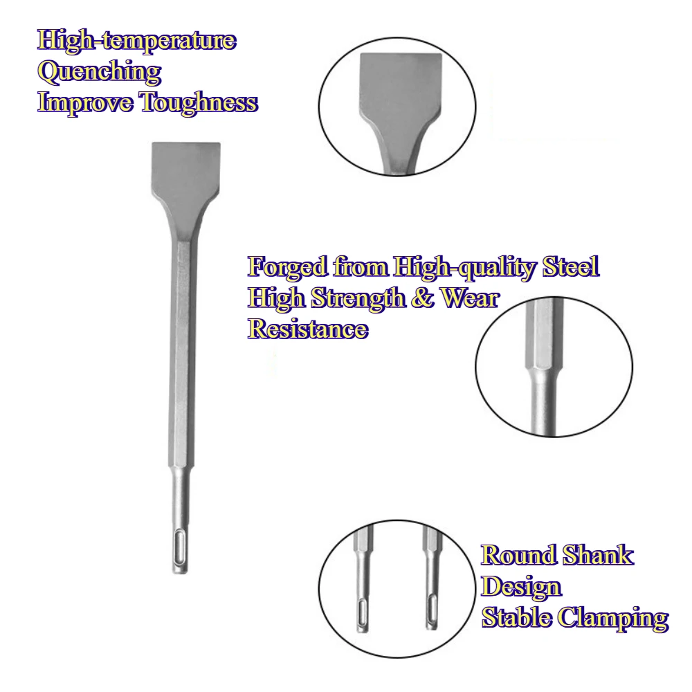 4Pcs Round-shank Drill Bit Chisel Set Flat Point Wide Chisel for Concrete Brick Stone Demolition Electric Hammer Masonry Tools