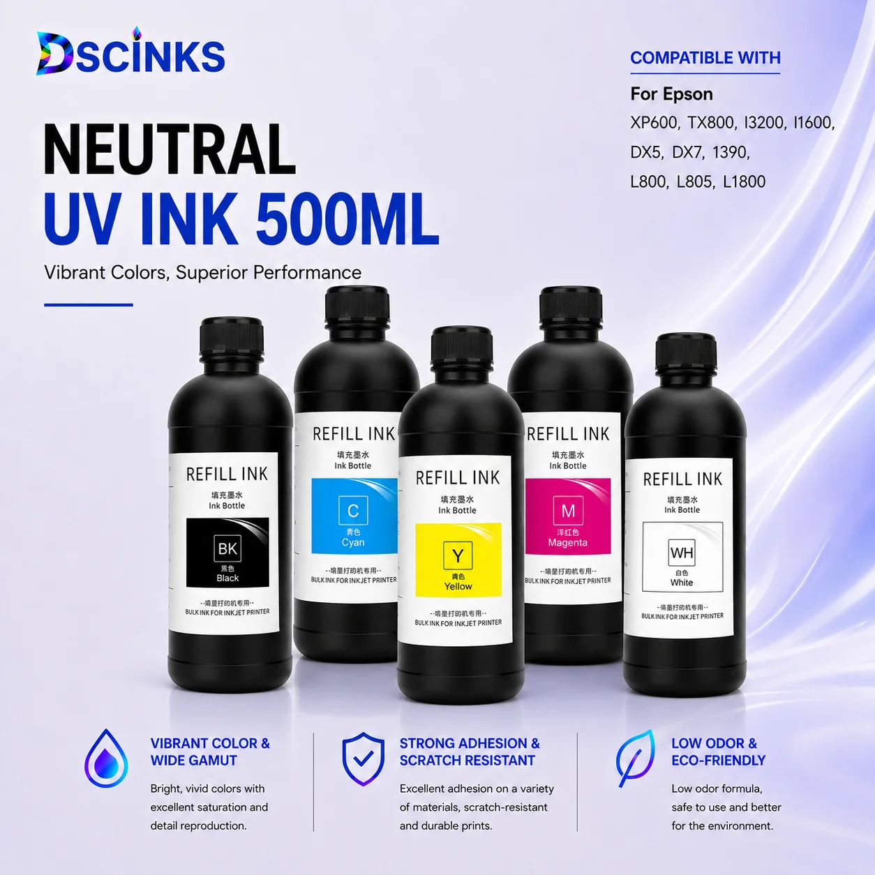500ML Neutral  UV Ink UV Curable Ink For Epson DX5 DX7 XP600 TX800 I3200 1390 L805 L1800 Printhead  Ink For UV Flatbed Printer